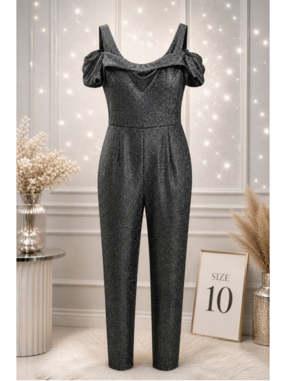 NW Nightway Black Metallic Shimmer Jumpsuit Puff Sleeve Cocktail Formal Size 10